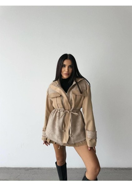Chanel -Trench Garnili Kapişonlu Belden Büzgülü Mont - Bej
