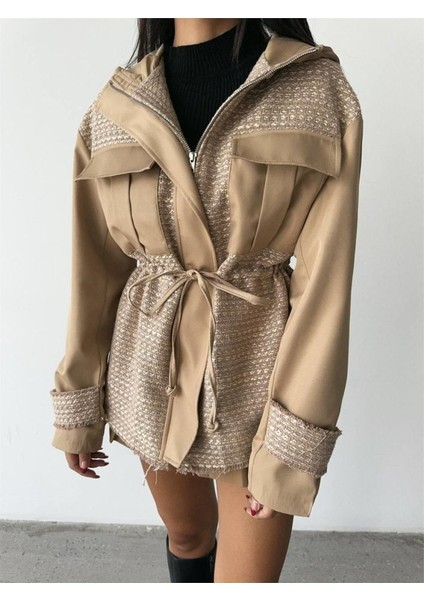 Chanel -Trench Garnili Kapişonlu Belden Büzgülü Mont - Bej