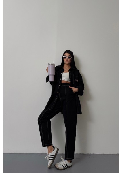 Denim Puntolu Gömlek-Pantolon Takım - Pembe