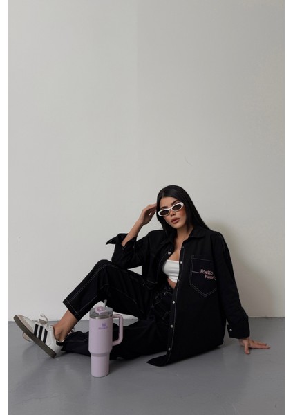Denim Puntolu Gömlek-Pantolon Takım - Pembe