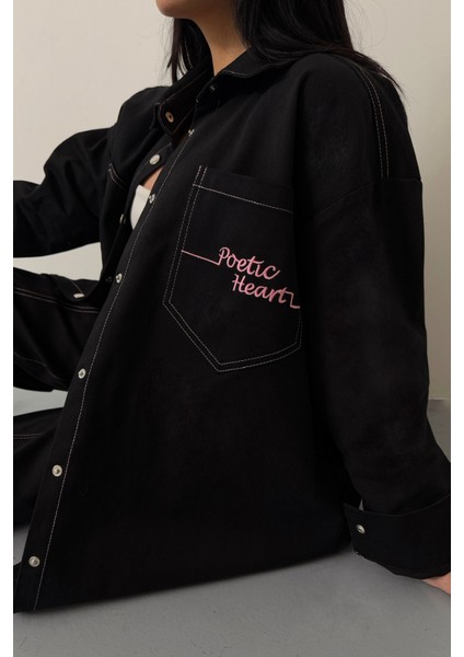 Denim Puntolu Gömlek-Pantolon Takım - Pembe
