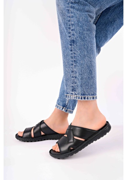 Erkek Hakiki Deri Siyah Comfort Taban Rahat Terlik modelleri