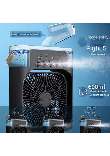 Taşınabilir 5 Spreyli Su Buharlı Mini Klima Fan – 600 ml Su Tanklı – 7 Renk Gece Lambalı