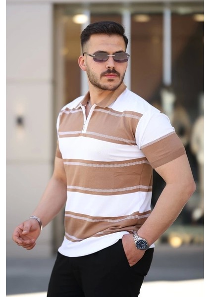 Erkek Yakalı Fermuarlı Çift Renk Kısa Kollu T-Shirt