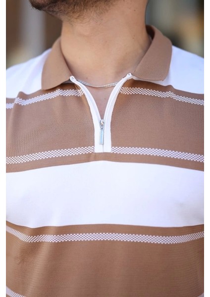Erkek Yakalı Fermuarlı Çift Renk Kısa Kollu T-Shirt