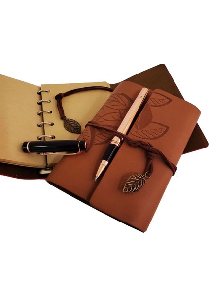 Ahşap Kutulu Taba Renk Deri Defter ve Kalem Set