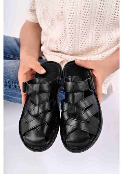 Erkek Hakiki Deri Siyah Burnu Kapalı Comfort Taban Rahat Terlik