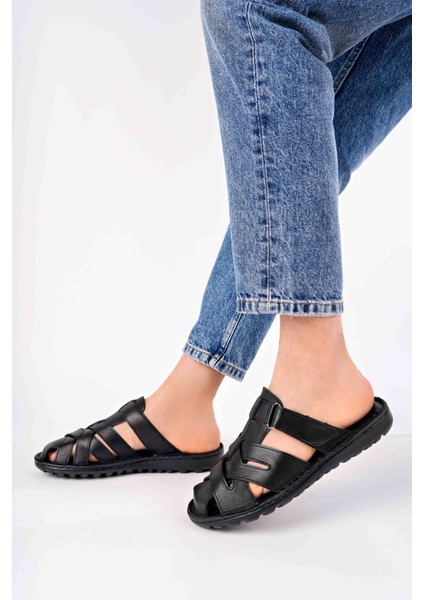 Erkek Hakiki Deri Siyah Burnu Kapalı Comfort Taban Rahat Terlik modelleri