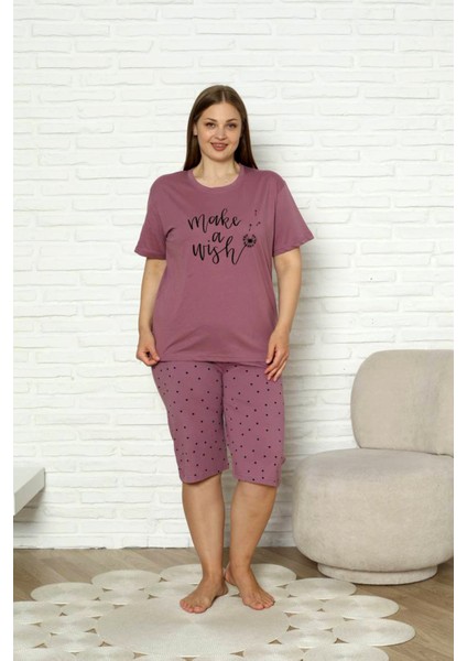 %100 Pamuk Büyük Beden Kısa Kol Kapri Kadın Pijama Takımı