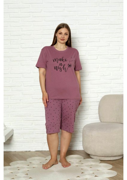 %100 Pamuk Büyük Beden Kısa Kol Kapri Kadın Pijama Takımı