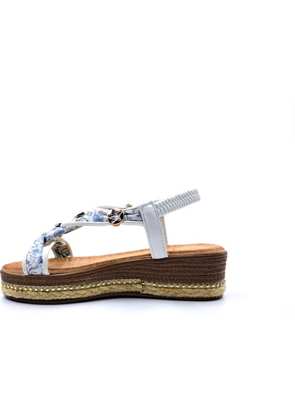 G25Y171 Dolgu Taban Espadril Detaylı Lastikli ve Taşlı Kadın Beyaz Şık Spor Sandalet modelleri