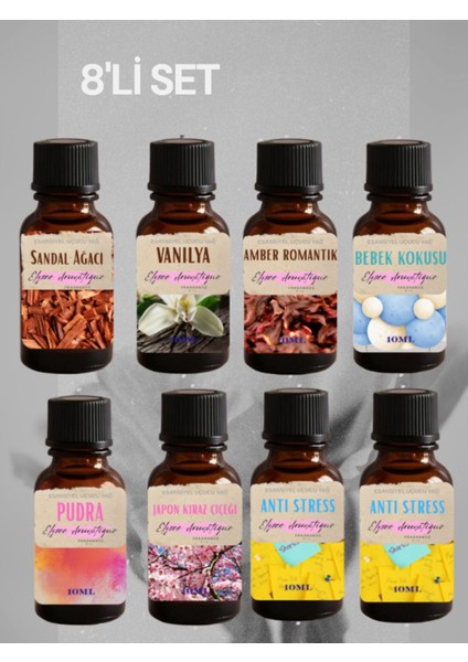 8'li Set Esansiyel Uçucu Koku Yağı Difüzör Esansı Buhurdanlık Yağı Aromaterapi Yağı