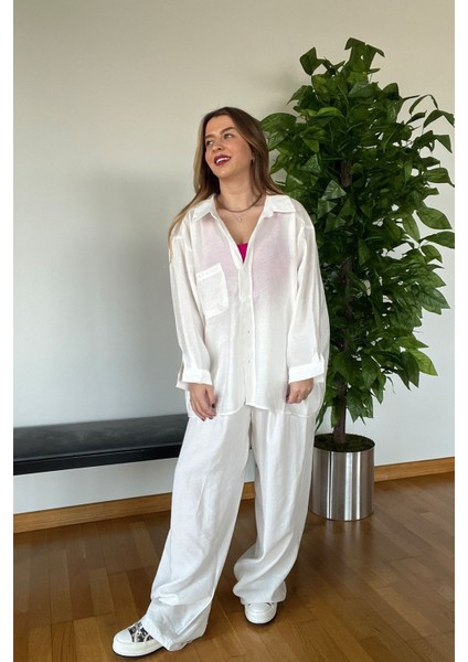 Yeni Sezon Kaliteli Yazlık Beli Lastikli Rahat Geniş Şık Pantolon Beyaz