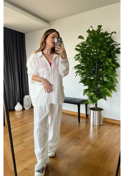 Yeni Sezon Kaliteli Yazlık Beli Lastikli Rahat Geniş Şık Pantolon Beyaz