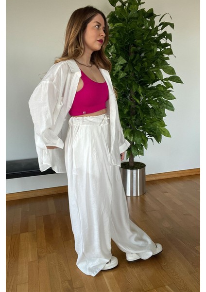 Yeni Sezon Kaliteli Yazlık Beli Lastikli Rahat Geniş Şık Pantolon Beyaz