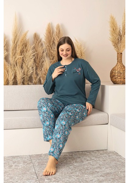 Uzun Kollu %100 Pamuk Büyük Beden Anne Pijama Takımı- Anne Özel Serisi