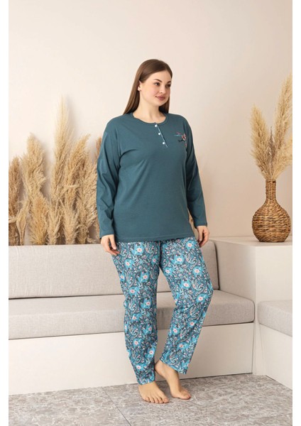 Uzun Kollu %100 Pamuk Büyük Beden Anne Pijama Takımı- Anne Özel Serisi