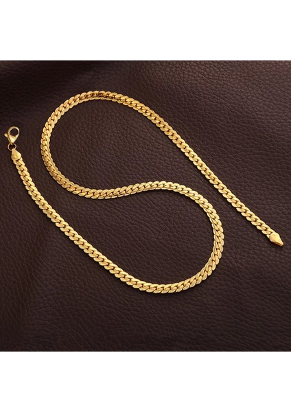 Çelik Kolye Yassı Örgü Model 4 mm Genişlik 55 cm Uzunluk Altın Sarısı Gold