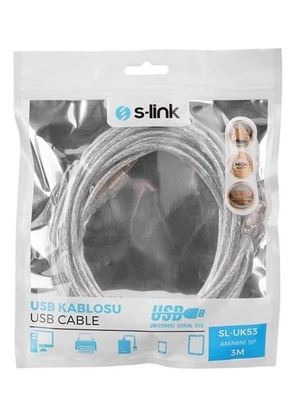 S-Link SL-UK53 Usb2.0 3m Şeffaf USB Am/mini 5pin Kablo modelleri