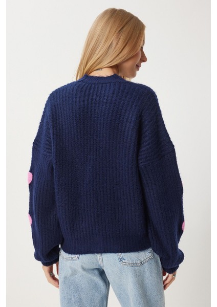 Kalp Motifli Oversize Triko Hırka