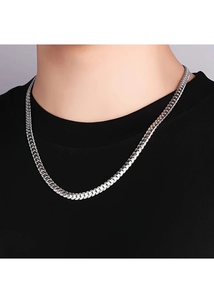 Çelik Kolye Yassı Örgü Model 4 mm Genişlik 55 cm Uzunluk Gümüş Silver