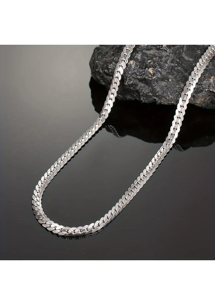Çelik Kolye Yassı Örgü Model 4 mm Genişlik 55 cm Uzunluk Gümüş Silver