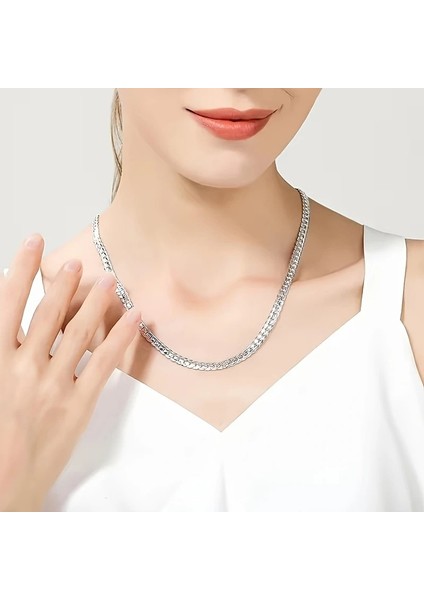 Çelik Kolye Yassı Örgü Model 4 mm Genişlik 55 cm Uzunluk Gümüş Silver