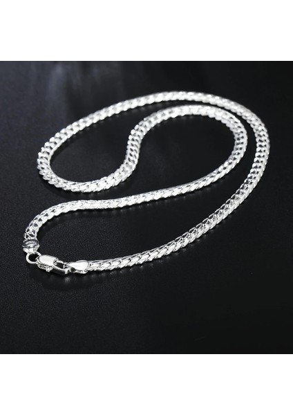 Çelik Kolye Yassı Örgü Model 4 mm Genişlik 55 cm Uzunluk Gümüş Silver