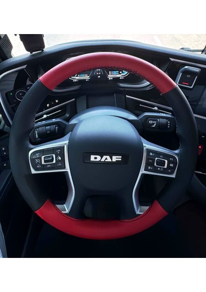 Dikişli Direksiyon Kılıfı Siyah Deri Kırmızı Deri Siyah Dikişli Man Fotodaki Direksiyona Uygun