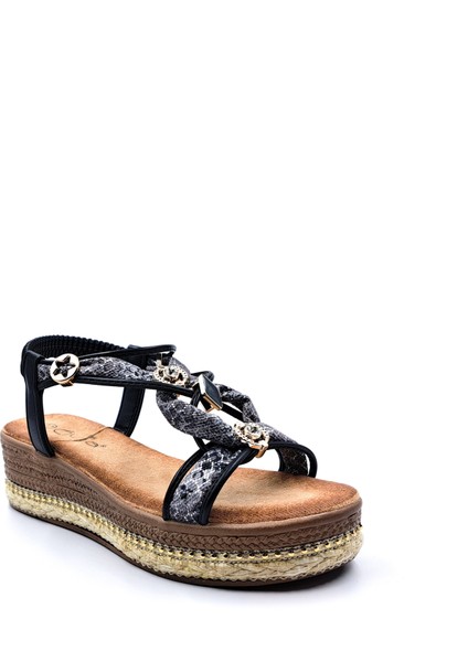 G25Y171 Dolgu Taban Espadril Detaylı Lastikli ve Taşlı Kadın Siyah Şık Spor Sandalet fırsatları