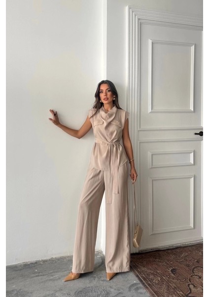 Tencel Modal Kolsuz Bluz Kapalı Cep Detaylı Dökümlü - Pantolon Takım - Bej