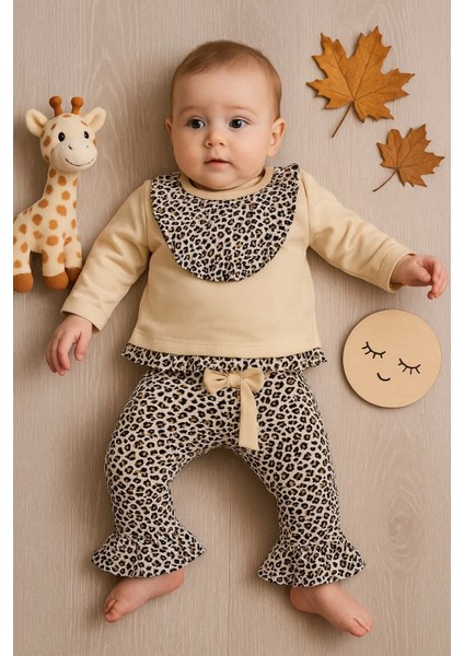 Leopar Detaylı 2'li Kız Bebek Takım %100 Pamuk