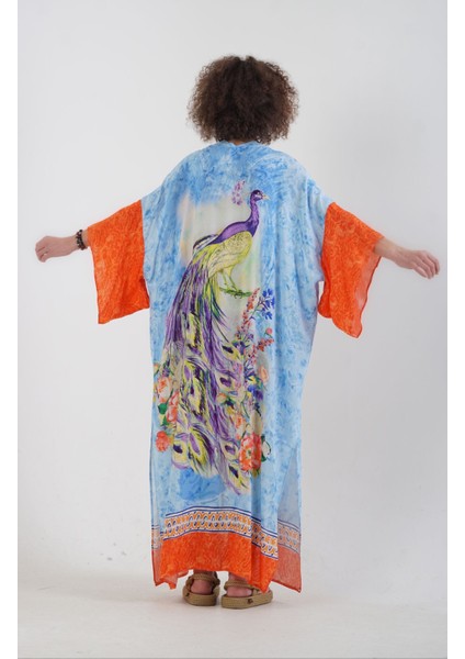 Mavi Tavus Kuşu Desenli Kimono