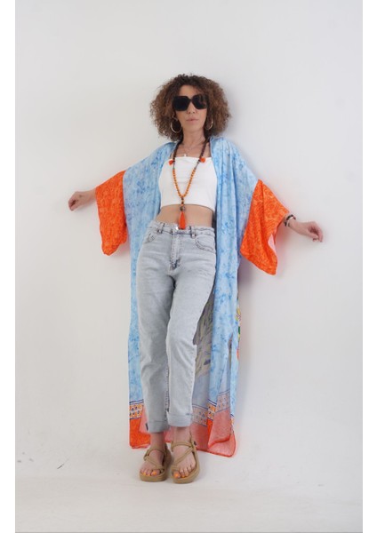 Mavi Tavus Kuşu Desenli Kimono