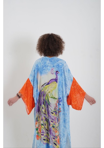 Mavi Tavus Kuşu Desenli Kimono