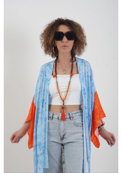 Mavi Tavus Kuşu Desenli Kimono