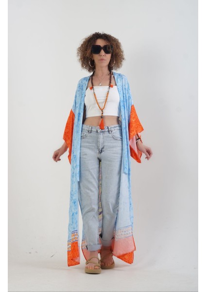 Mavi Tavus Kuşu Desenli Kimono