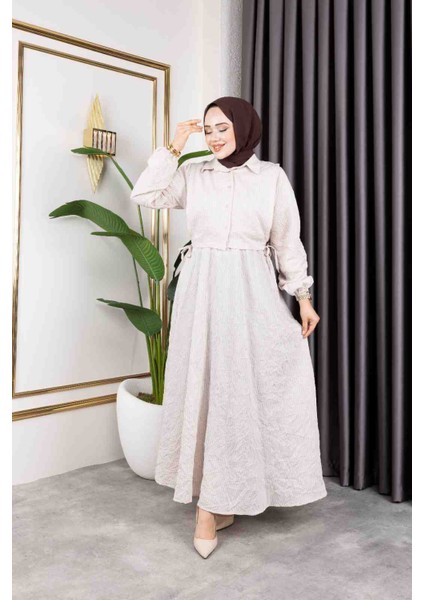 Kraš (Kırışık Dokulu) Çizgili Tesettür Elbise - Günlük ve Şık Kombinler Için