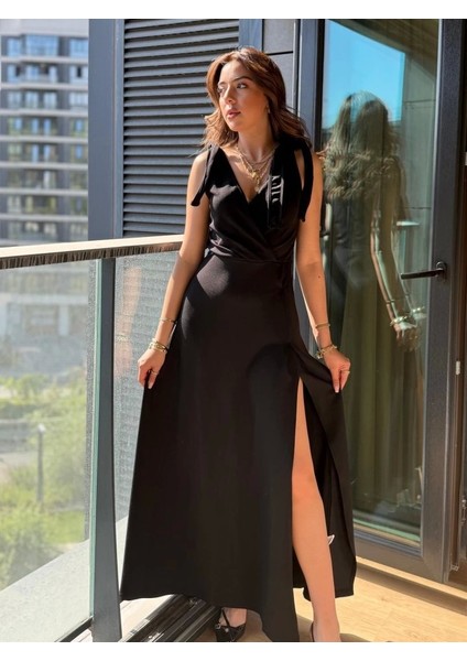 Kadın Askılı Omuzdan Bağlamalı Kruvaze Yakalı Uzun Yırtmaçlı Janjan Krep Elbise fiyatları