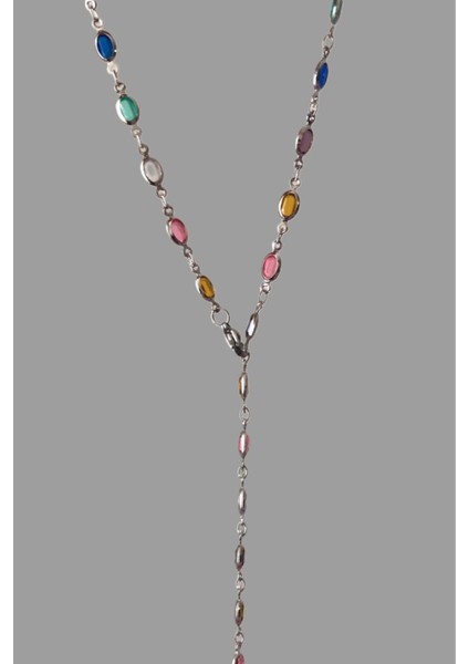 Oval Kesim Renkli Taşlı Y Kolye Dekolte Kolye 60 cm