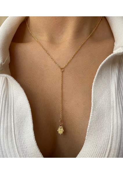 Gold Hamsa Charm Dekolte Altın Kaplama Y Kolye