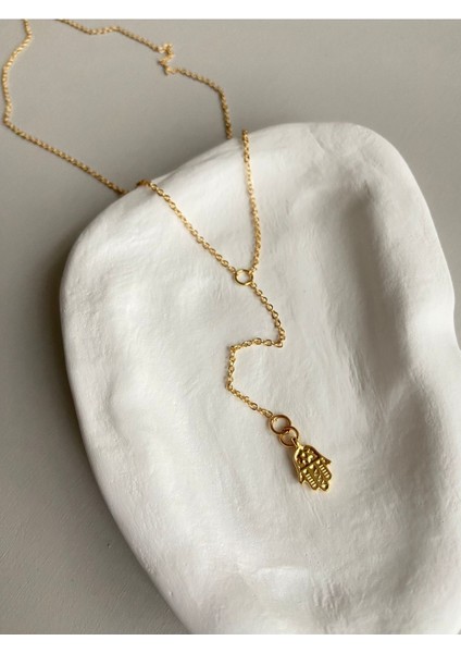 Gold Hamsa Charm Dekolte Altın Kaplama Y Kolye