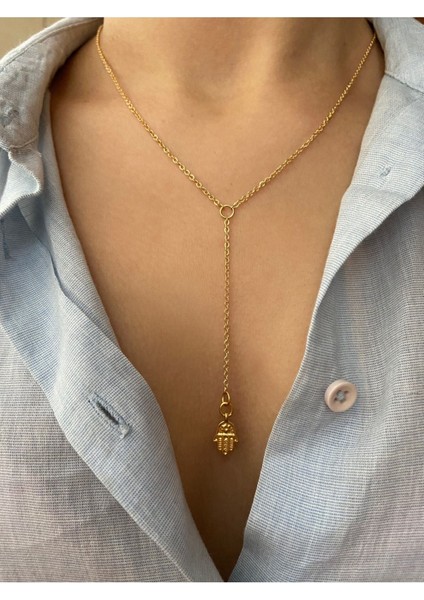 Gold Hamsa Charm Dekolte Altın Kaplama Y Kolye