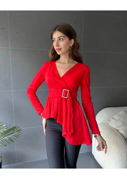 Kadın Kruvaze Yaka Kemer Detay Asimetrik Kesim Bluz fiyatları
