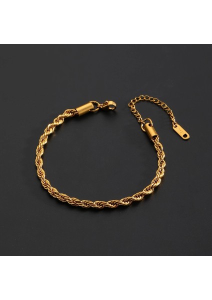 Çelik Bileklik Ince Burgu Zincir Model 3 mm Kalınlık 17 cm Uzunluk 6 cm Ek Altın Sarısı Gold