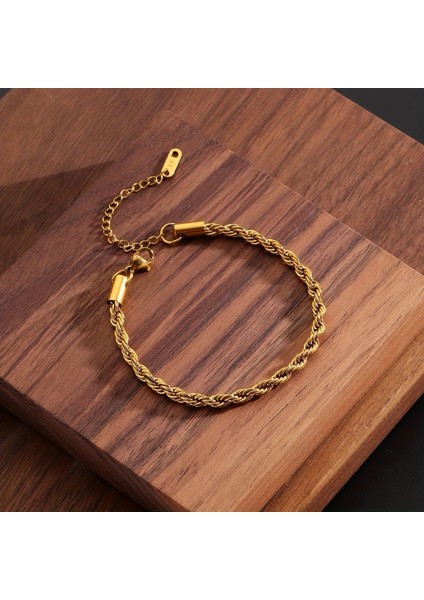 Çelik Bileklik Ince Burgu Zincir Model 3 mm Kalınlık 17 cm Uzunluk 6 cm Ek Altın Sarısı Gold indirimleri