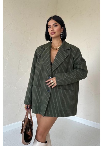 Haki Çizgili Oversize Ceket