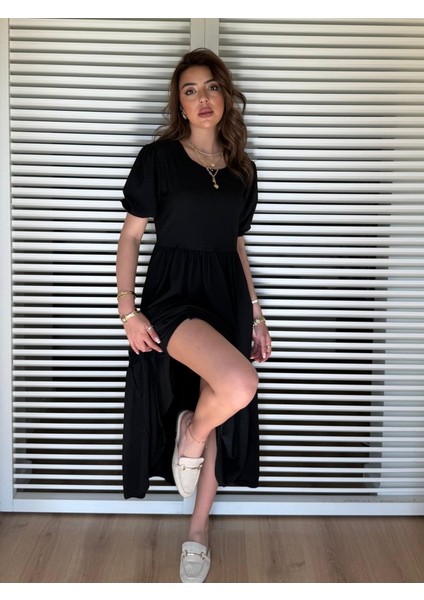 Kadın Kısa Kollu Yakası Açık Katlı Bürümcük Balon Elbise fiyatları