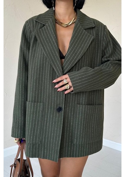Haki Çizgili Oversize Ceket