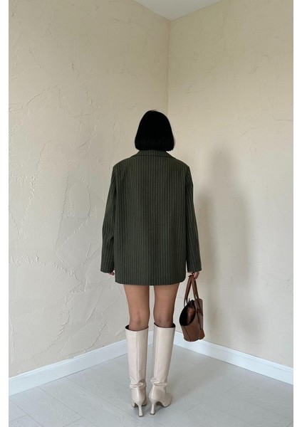 Haki Çizgili Oversize Ceket